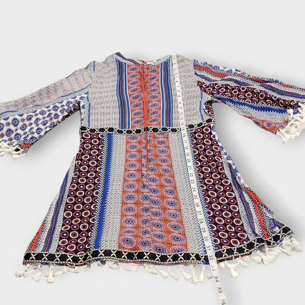 Valija Medallion Print‎ Patchwork Flare Sleeve Mini Dress Medium Multicolor Boho
